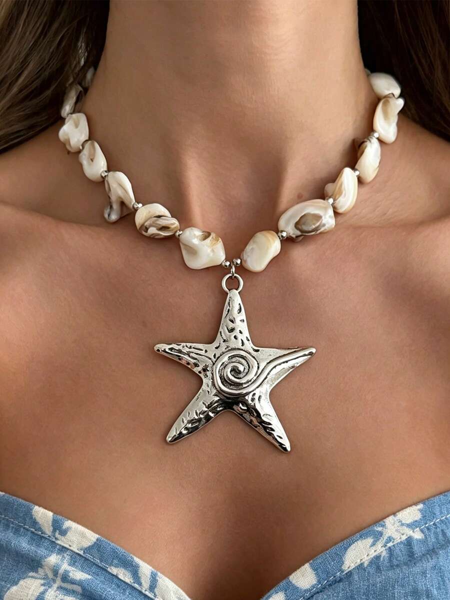 1 chiếc vòng cổ mặt dây chuyền hình vỏ sò và sao biển bất đối xứng phong cách kỳ nghỉ biển, thời trang tối giản, phù hợp cho kỳ nghỉ biển, hàng ngày, dự tiệc, hẹn hò, quà tặng trang sức đa năng cho nữ trong dịp lễ. - vòng cổ - Xem 1