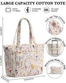 Puffer Tote Bag For Women, Quilted Cotton Laptop Work Tote Shoulder Bag For College School, Teacher, Nurse, Travel | Top Full-Zip Closure, Lightweight, Puffy, With Cosmetic Bag, 40 OZ Tumbler Holder, 14" Computer Bag, Ideal Gift For Women, Wild Flower - Hoa dại - Xem 3