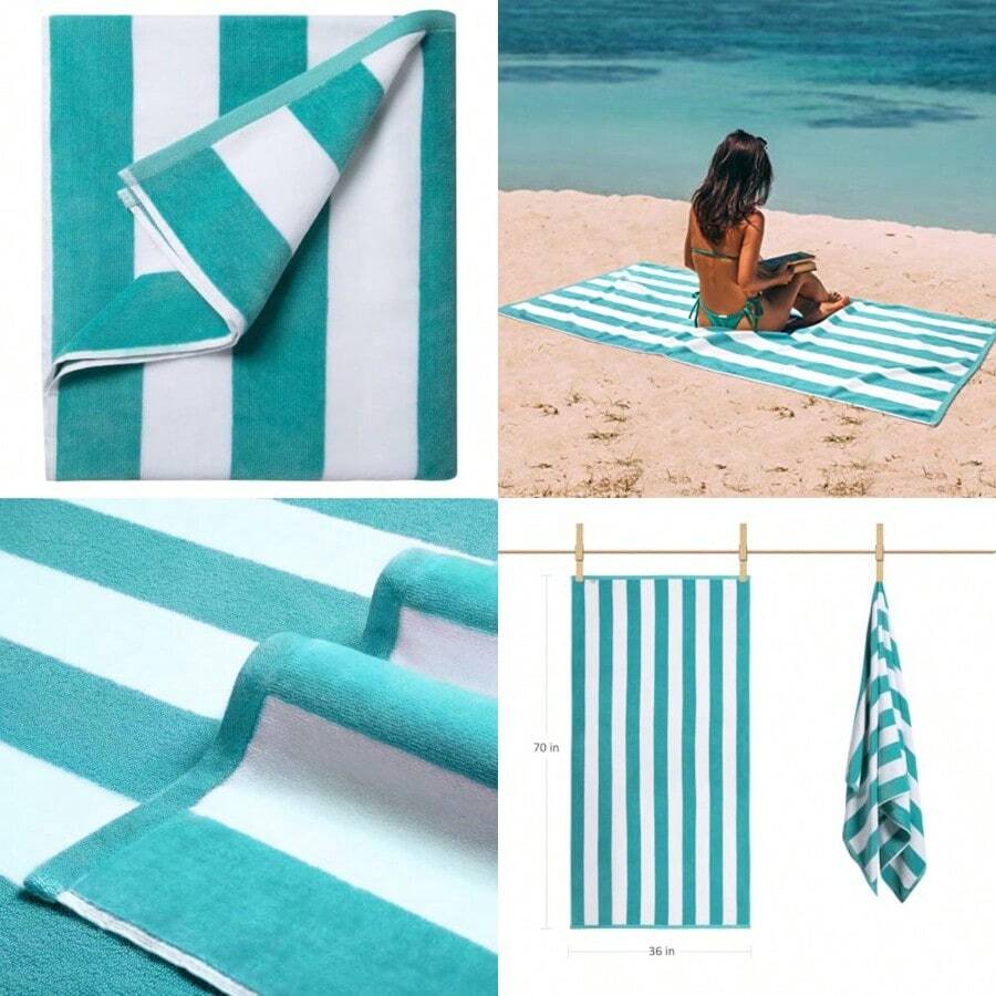 LULUHOME Plush Oversized Beach Towel - Fluffy Cotton Thick 36 x 70 Inch Turquoise Striped Pool Towels Large Summer Cabana Swimming Towel for Adults - Turquesa - Ver 1