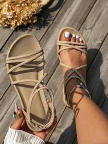 A Pair Of Shoes Elegant Vacation Beach PU Leather Criss Cross Flat Sandals Beach Holiday School Vacation Party Office Home Summer - 卡其色 - 查看 11