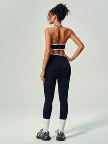 UONNOU Y2K Style Contrast Trim Camisole & High Waist Leggings Fitness Set, Spring/Summer - Black - View 7