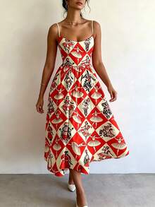 2026 Spring New Women's Clothing, Cross-Border European And American Dress, Sexy Waist-Cinching Pleated Solid Color Large Hem Strap Dress - 橙色印花 - 查看 7