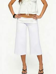 Women Yoga Capri Pants Wide Leg Cropped Pants With Fold Over Waistband For Fitness Workout Light Grey Lounge Pants For Women Elastic Waist 3/4 Length Pants Casual Culottes Trousers For Daily Wear - 白色 - 查看 3