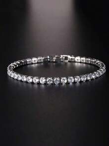1pc Round Full Diamond Cz Stone Single Strand Bracelet, 4mm Width, Fashionable For Women - Bạc - Xem 3