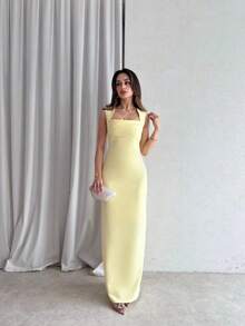 Women's Solid Color Casual Versatile Pleated Back Slit Dress - Yellow - View 2