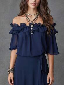 1 chiếc áo kiểu nữ màu trơn bằng vải chiffon tay phồng trễ vai với viền bèo nhún, thích hợp cho kỳ nghỉ, đi biển, hẹn hò buổi tối, mặc hàng ngày, mùa xuân/hè. - màu xanh da trời - Xem 3