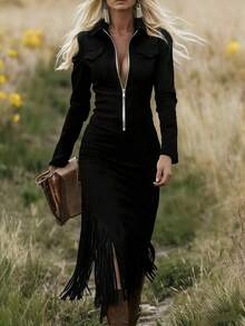 2026 New Women's Retro Western Cowgirl Slim Tassel Hem Dress With Fringe Details - 黑色 - 查看 5