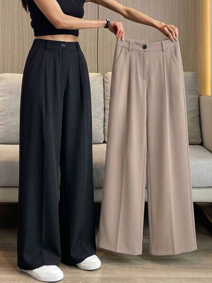 de cintura alta con pliegues, adecuados para el trabajo y el uso casual, color blanco para primavera/verano - Caqui - Ver 1