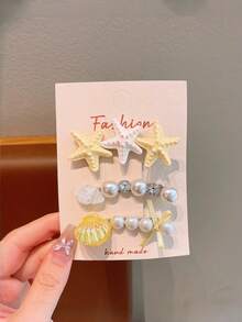 3pcs Ocean Theme Hair Clips, Star Shell Faux Pearl Decor Hair Clips, Cute Beach Holiday Hair Accessories For Women & Girls,Hair Slide,Claw Clips - Multicolor - View 9
