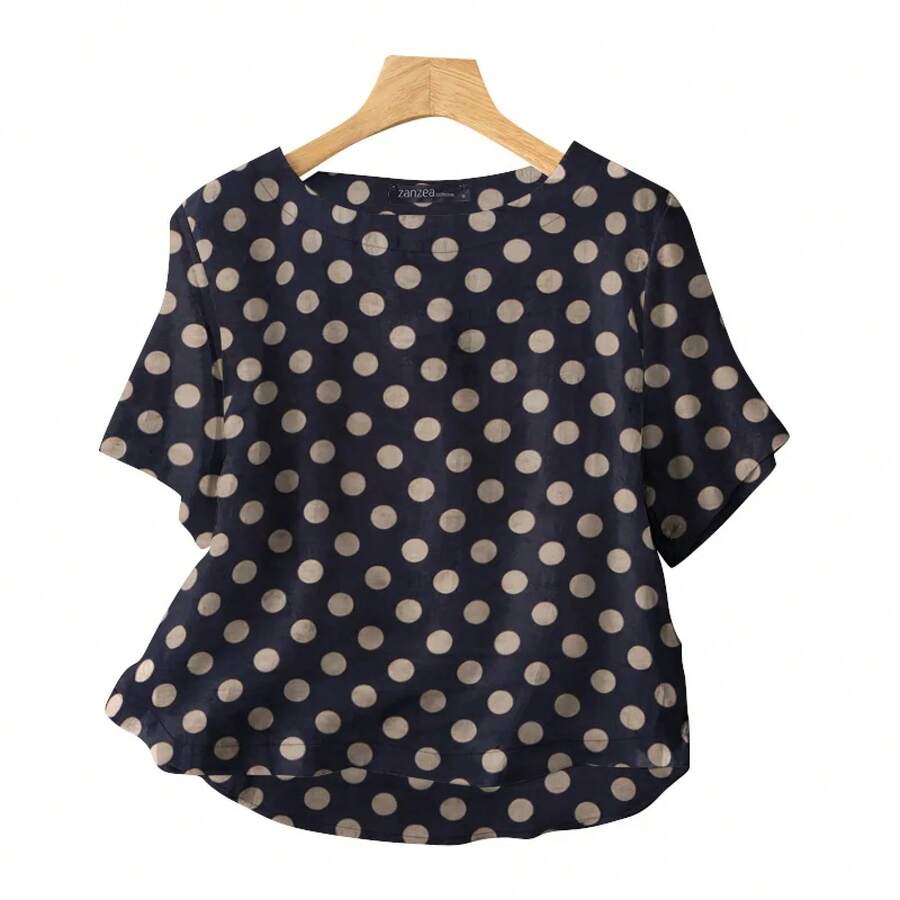 ZANZEA-Blusas informales holgadas de lunares para Mujer, Blusas de media manga con cuello redondo, moda de vacaciones para Mujer, Tops para el día a día 2024 - Azul oscuro - Ver 1