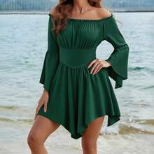 Vestido asimétrico por encima de la rodilla para mujer, manga larga acampanada, hombros descubiertos, sin tirantes, Color sólido, cintura ahumada - D - Ver 2