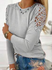 Camiseta de manga larga con encaje para mujer, blusa informal ligera y suave de Color liso, ajustada, S-5XL, otoño, 2023 - Gris - Ver 4