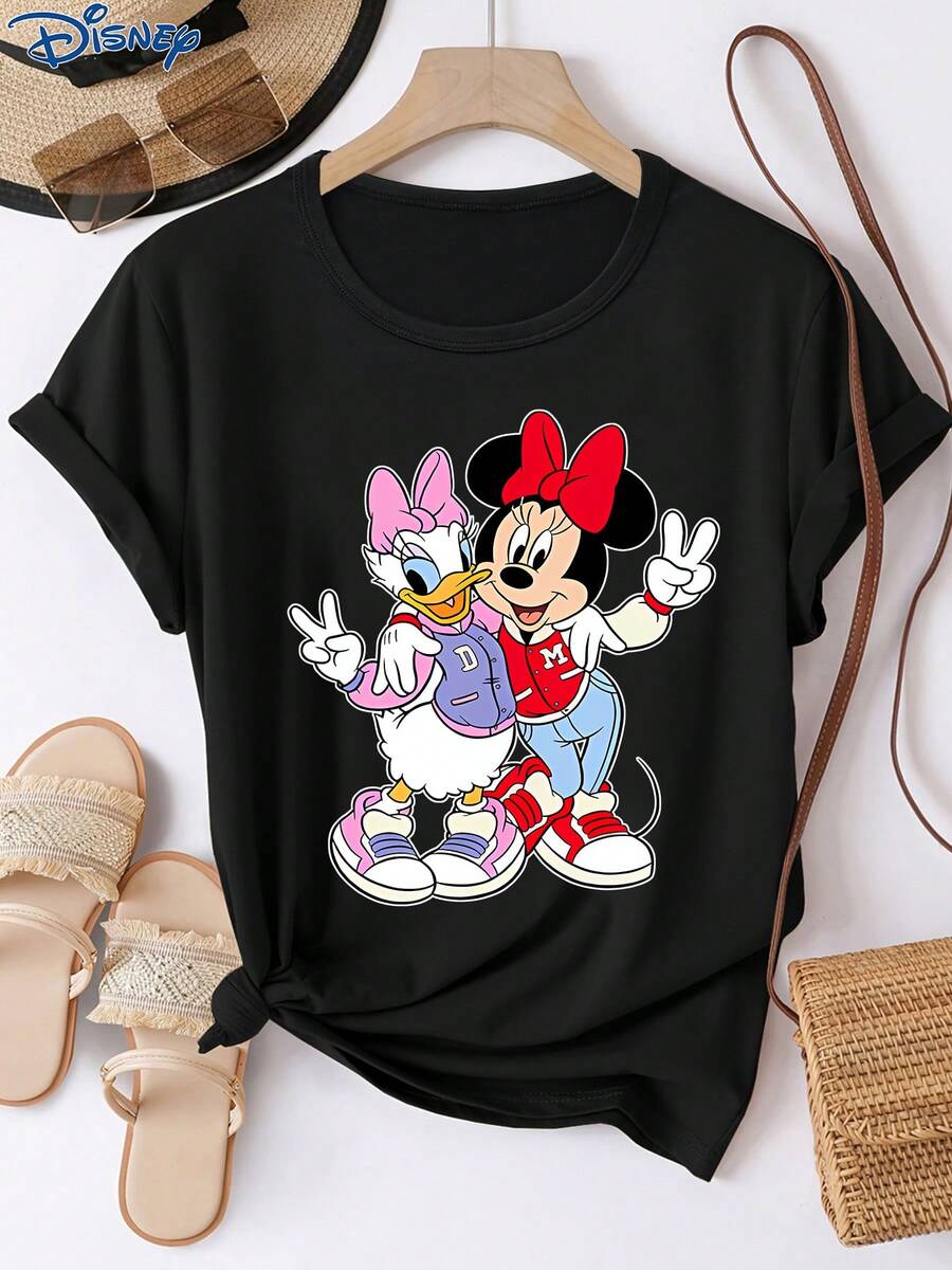 1pc Women's Short Sleeve T-Shirt, Disney Minnie Mouse And Daisy Duck Graphic Print, Round Neck With Stretch, Easy Care Fabric, Suitable For Daily Wear, Fashionable Women's Short Sleeve T-Shirt, Casual Wear - Black - View 1