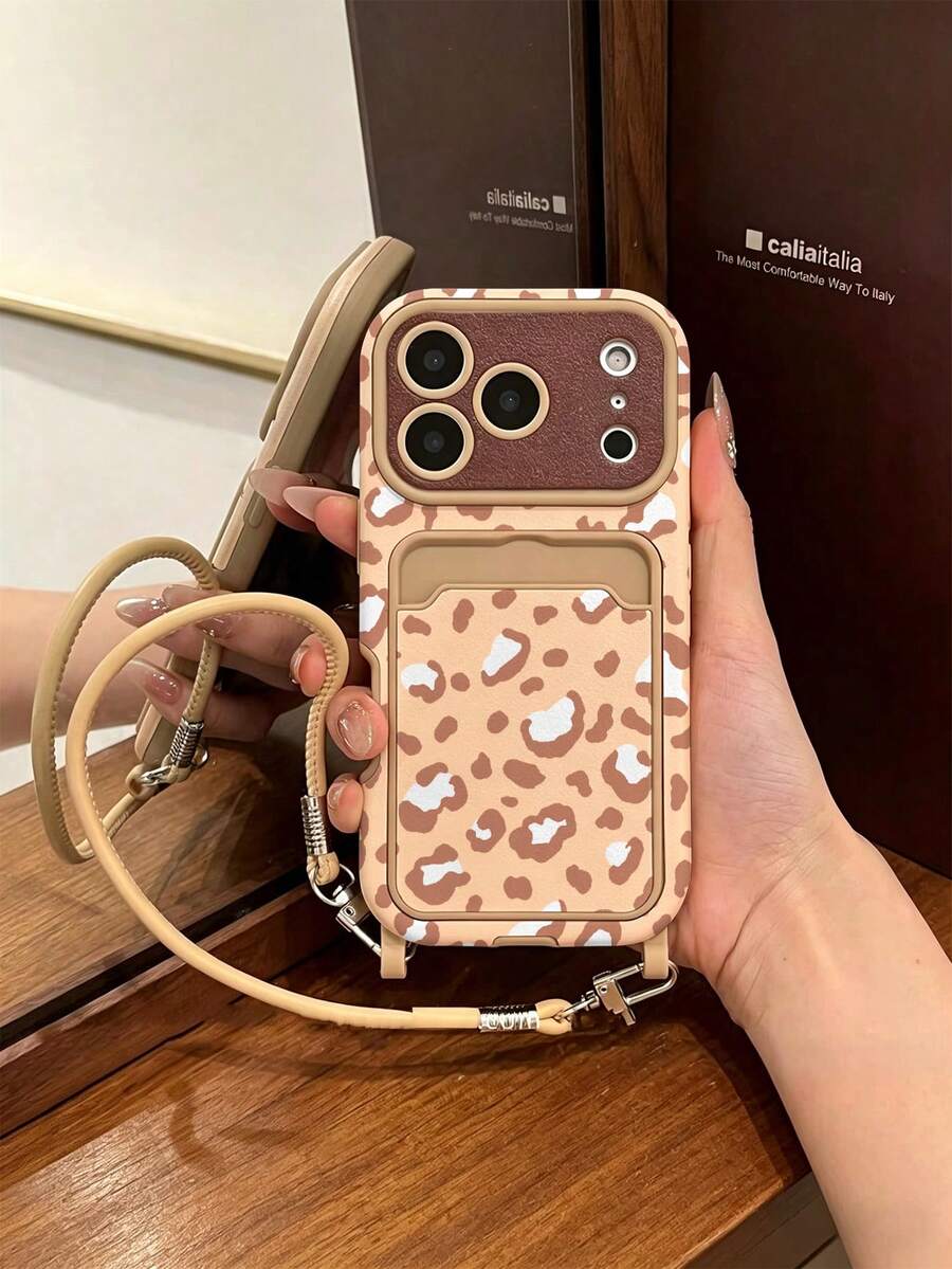 1pc Leopard Print Lamb Leather Painted Pattern PU Leather Lanyard Card Holder, Classic Anti-Drop Soft Protective Phone Case Compatible With Apple 17Pro/17/Air/17Promax/11/12/13/14/16 Pro Max/16 Pro/15 Series Lens Protection, Holiday Gift - Multicolor - View 1