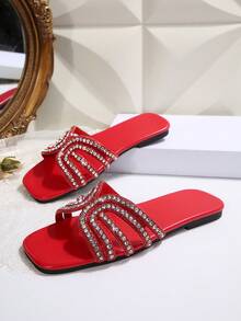 Casual Fashion Woven Square Toe Slip-On Sandals, Summer New Knot Glass Rhinestone Decor Ladies High Heel Party Slippers - Red - View 8