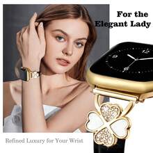皮革錶帶，適用於 Apple 38mm/40mm/41mm/42mm/44mm/45mm/46mm/49mm - 極薄精緻、防汗舒適 - 極簡優雅時尚 - 鑽石設計 - 相容於 Apple Series 10/9 Ultra/SE/8/7/6/5/4/3/2/1 - 替換錶帶配件 - 黑+金扣 - 查看 4