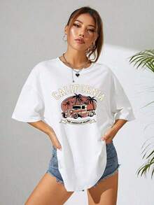Off-The-Shoulder T-Shirt With Car And Letter Print - 白色 - 查看 8