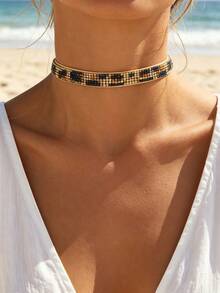 1pc Women's Niche Design Accessory, Leopard Print Rhinestone Inlaid Necklace Choker, European And American Vacation Style - Leopard Print - View 1