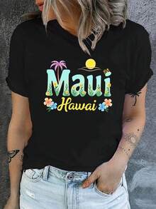 Women's Maui Tropical Print T-Shirt - Short Sleeve Crew Neck Casual Top With Palm Tree And Hibiscus Design, Breathable Medium Stretch Fabric, Machine Washable For Summer And Spring, Beach Vacation Wear, Medium Stretch Fabric, Spring Fashion, Lightweight T-Shirt, Printed T-Shirt, Spring Style - 黑色 - 查看 1