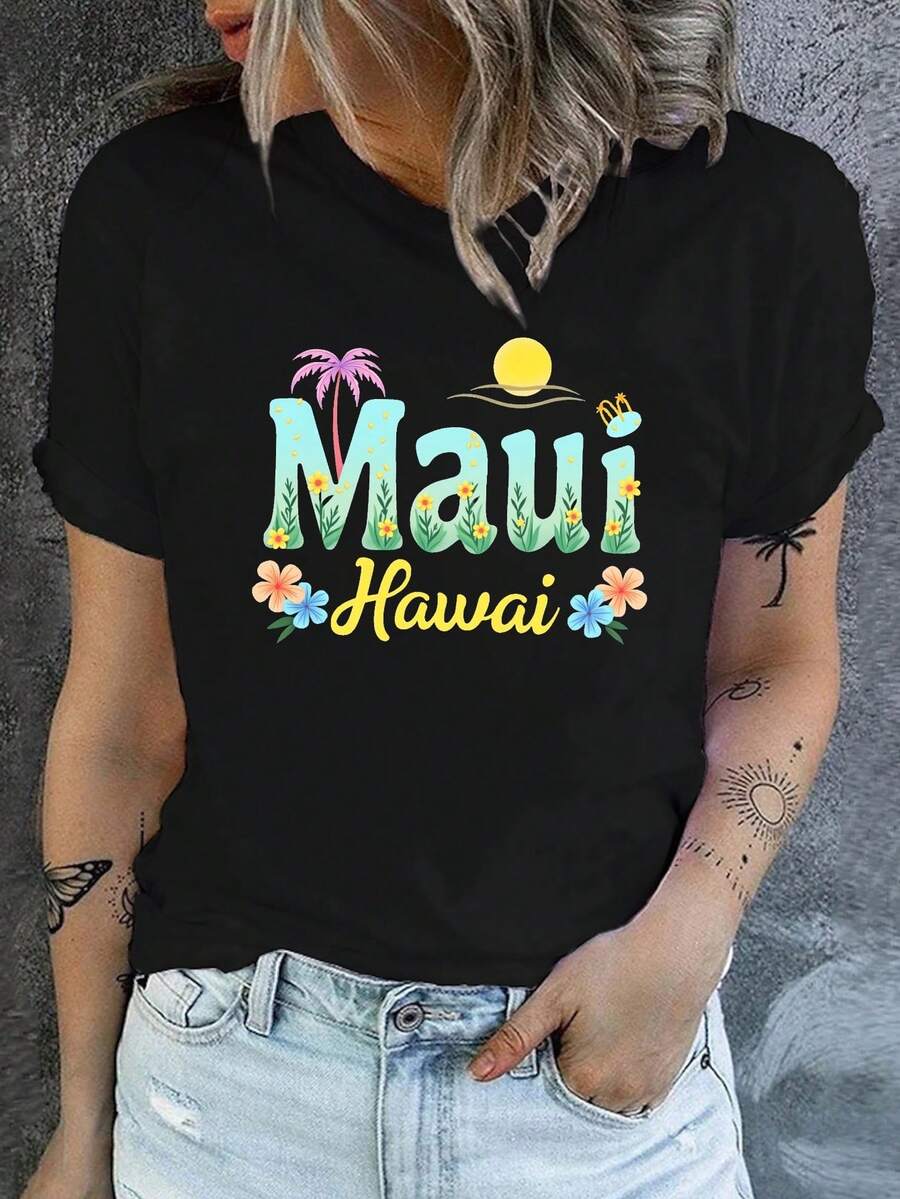 Women's Maui Tropical Print T-Shirt - Short Sleeve Crew Neck Casual Top With Palm Tree And Hibiscus Design, Breathable Medium Stretch Fabric, Machine Washable For Summer And Spring, Beach Vacation Wear, Medium Stretch Fabric, Spring Fashion, Lightweight T-Shirt, Printed T-Shirt, Spring Style - 黑色 - 查看 1