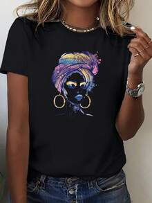 Headwear & Woman Print Crew Neck T-Shirt, Casual Short Sleeve T-Shirt for Spring & Summer, Women's Clothing - Negro - Ver 2