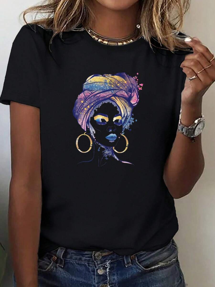 Headwear & Woman Print Crew Neck T-Shirt, Casual Short Sleeve T-Shirt for Spring & Summer, Women's Clothing