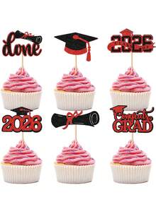 12pcs Black And Red 2026 Graduate Cake Toppers, Creative 'done','class Of 2026', 'Congrats GRAD' Letter Cupcake Picks For Graduation Party Decoration, Dessert Table Decor & Celebration Supplies. - Black and Red - View 8