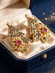 Women's Gold-Plated Christmas Tree Shaped Earrings, Inlaid With Red, Green Zirconia And Pink Zirconia Snowflake Accents, Elegant Holiday Design, Suitable For Daily Commute And Workwear, An Ideal Gift For Fashion Enthusiasts - Gold - View 1