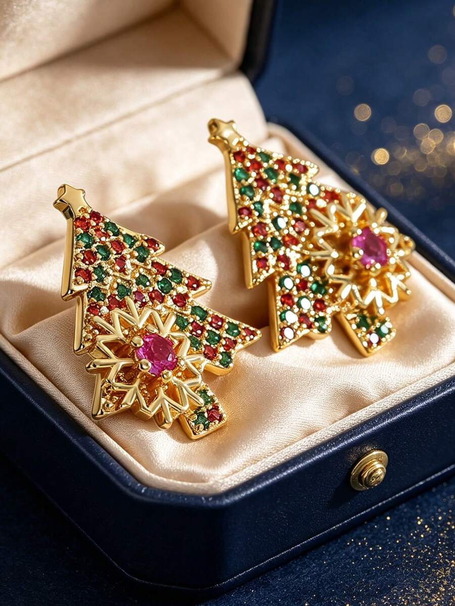 Women's Gold-Plated Christmas Tree Shaped Earrings, Inlaid With Red, Green Zirconia And Pink Zirconia Snowflake Accents, Elegant Holiday Design, Suitable For Daily Commute And Workwear, An Ideal Gift For Fashion Enthusiasts - Gold - View 1
