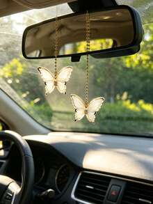 1pc Light Luxury Butterfly Car Hanging Ornament Rearview Mirror Decor Car Interior Pendant For Women - A - View 5