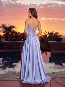 ADYCE Vestido elegante de bandeau plisado de cintura alta con abertura alta, espalda descubierta y cordones, falda swing larga hasta el suelo para baile de graduación, fiesta, invitada de boda y regreso a casa - Azul - Ver 2