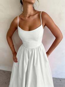 2026 Spring New Women's Clothing, Cross-Border European And American Dress, Sexy Waist-Cinching Pleated Solid Color Large Hem Strap Dress - 白色 - 查看 9