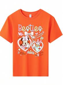 Disney Minnie Mouse And Daisy Duck Besties Printed Pattern T-Shirts For Girls - Children's Clothing Design Short-Sleeved Casual And Cute Style Comfortable And Casual Wear All Year Round Suitable For Parties And Play Machine Washable Gift Children's Clothing Girls' Short-Sleeved Shirts - trái cam - Xem 2
