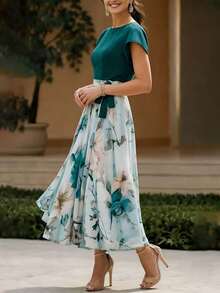 Plus Size Floral Print Bow Decor Waist-Defining Slimming Dress Bow Vacation Holiday Formal Dinner Spring Summer Autumn Elegant - Green - View 5