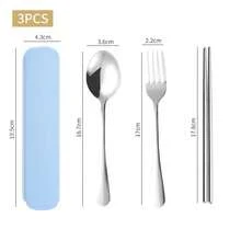 Juego de vajilla portátil de acero inoxidable para el hogar, palillos, cucharas, tenedores, juego de dos/tres piezas con caja, 1 Juego - 3 piezas azules - Ver 3
