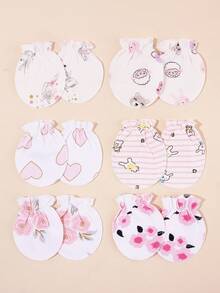 6 Pairs Baby Anti-Scratch Mittens | Printed Baby Anti-Scratch Mittens | Elastic Ruffle Cuff Newborn Protective Gloves - 6 Pairs Of Random Colors for Baby Girls - View 4