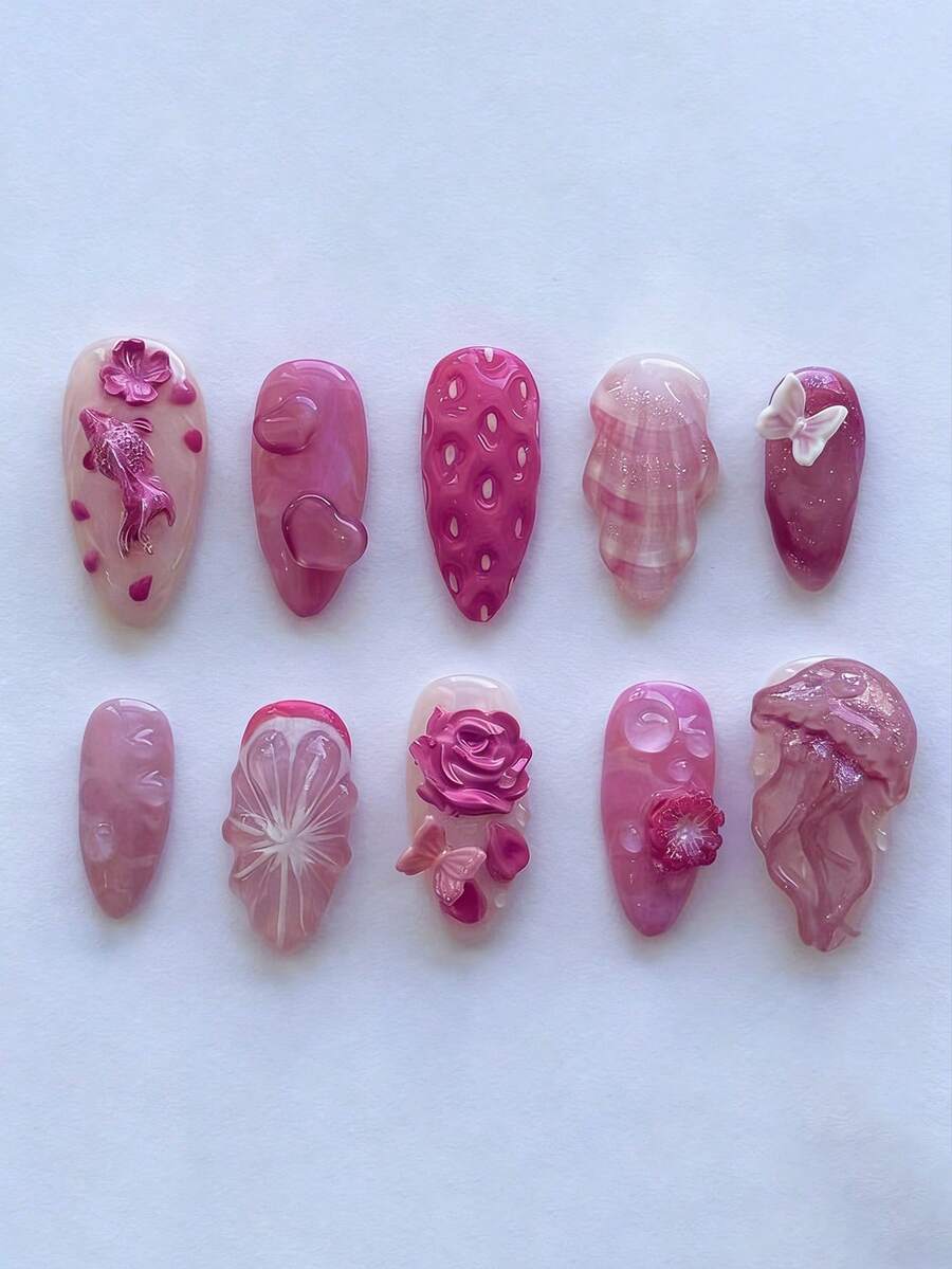 10入粉色美人魚、魚與蝴蝶3D美甲貼紙,全覆蓋亮面美甲貼片,適合女性與女孩,XS/S/M尺寸指甲適用 - 彩色 - 查看 1