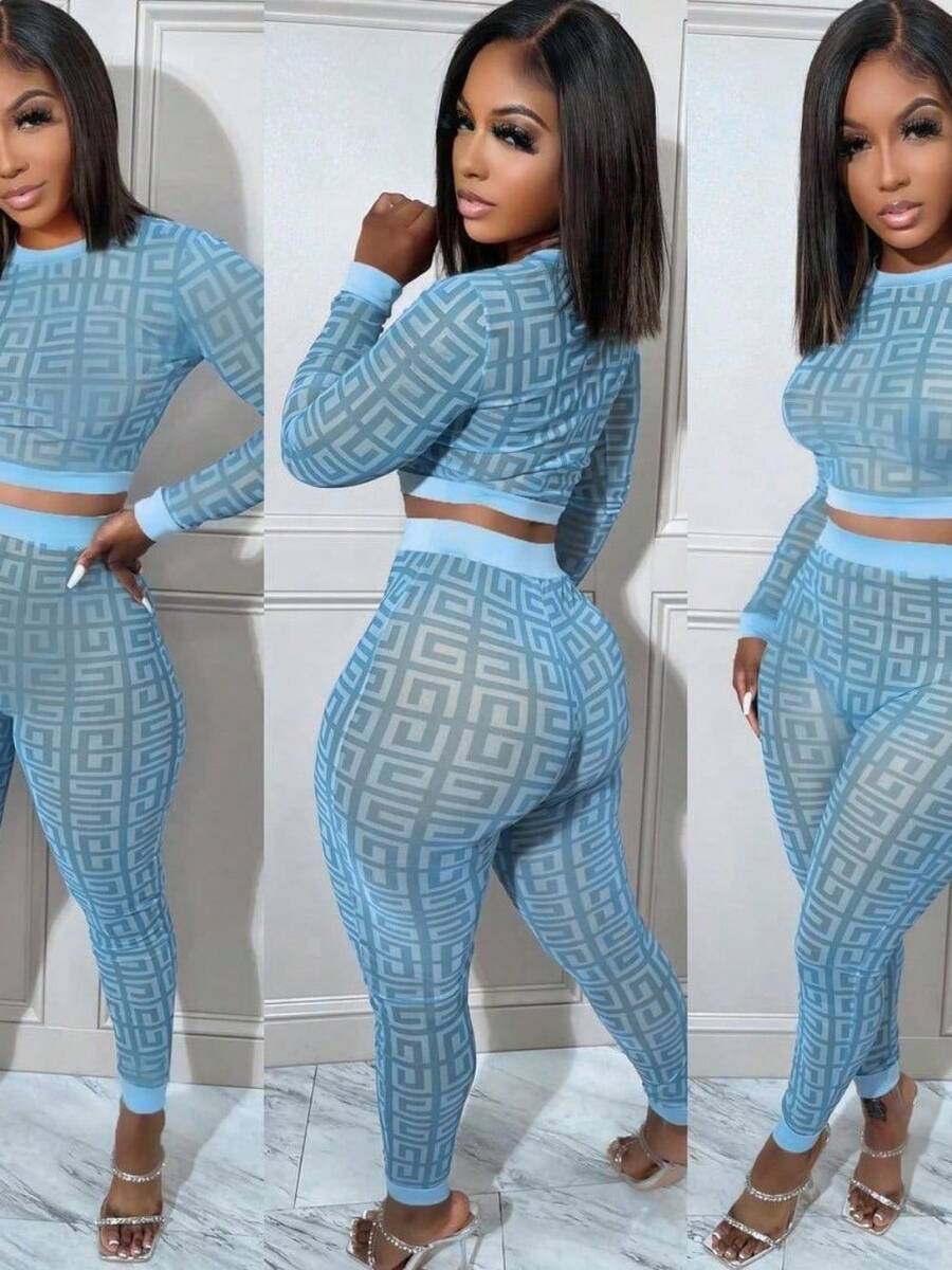 Women's Autumn And Winter Fashion  Digital High-Definition Print Sexy Two-Piece Set - Baby Blue - View 1