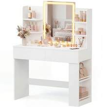 Vanity Desk With Mirror And LED Lights, Makeup Vanity Table With 3 Lighting Color, Adjustable Brightness, Vanity Table With 2 Drawers, Side Storage, For Bedroom - White - View 3
