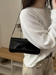 Women's Retro Faux Leather Flap Decor Shoulder Underarm Bag, Versatile Classic Commuter Handbag Suitable For Dates, Outings, Parties And Other Occasions - Black - View 5