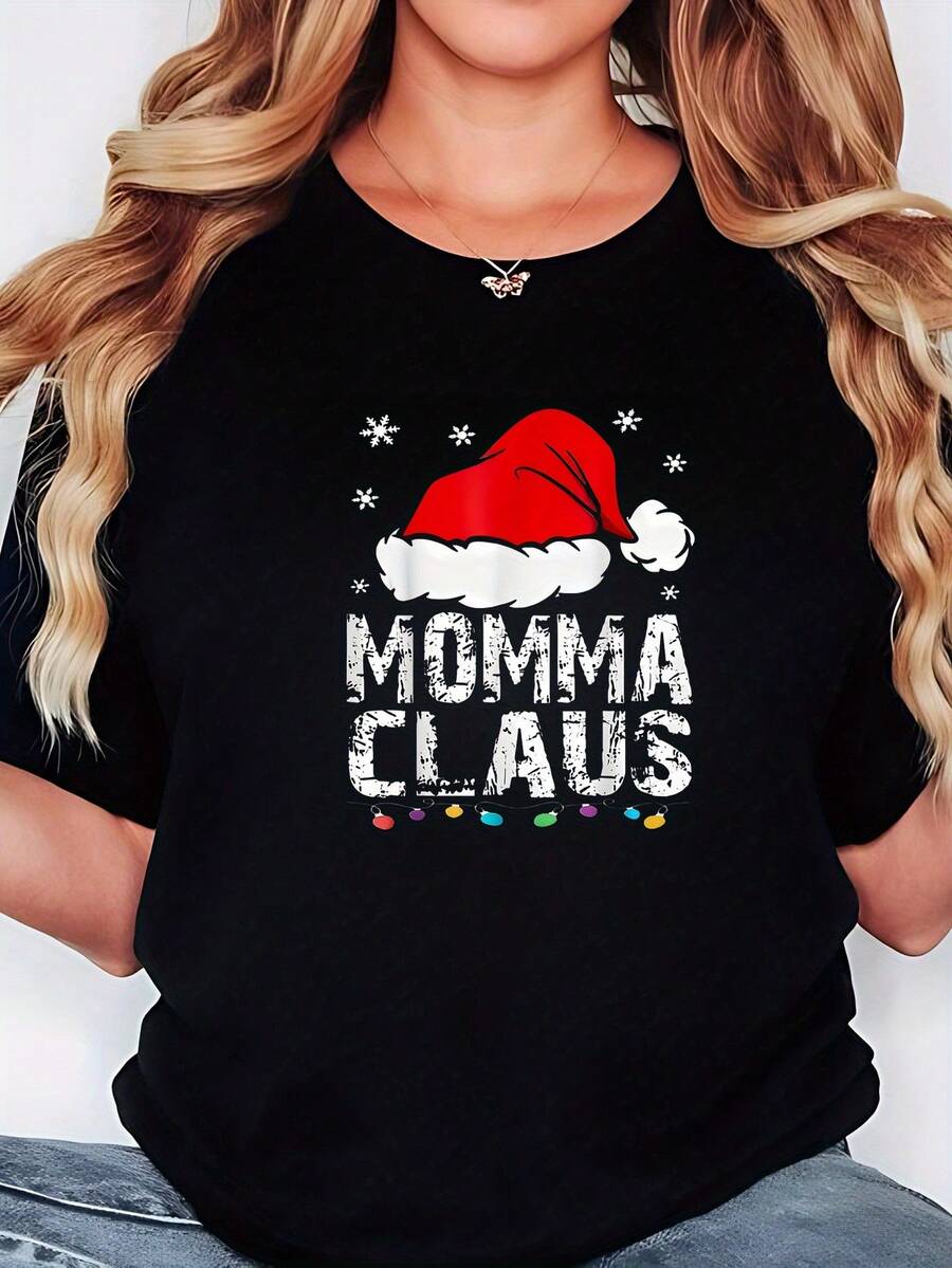 WoWomen's Christmas Momma Claus TShirt Santa Hat Graphic con MOMMA CLAUS Texto Negro Vestido de fiesta Camiseta de Navidad casual para mamás Todos los días y las fiestas Ropa de celebración Camisetas de Navidad Ropa festiva Diseño juguetón Ajuste cómodo estacional