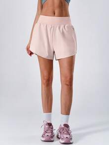 NcmRyu 1pc Women Solid Color Side Zipper Pocket Lined Sports Shorts - Pink - View 10