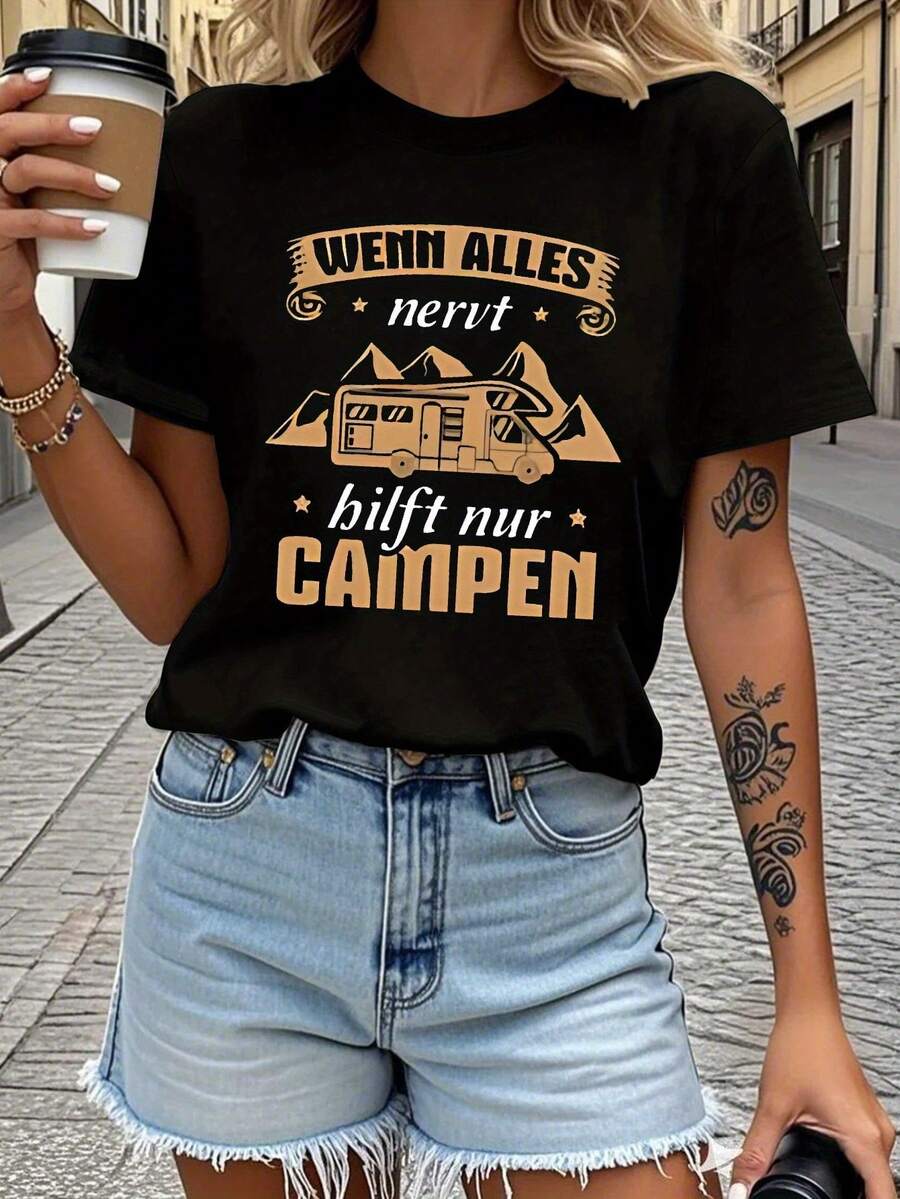 Campamento alemán para relajarse impresión gráfica T - Camiseta de las mujeres primavera - verano corto - manga tripulación - cuello casual T - camiseta, ocio diario, regalo de vacaciones, salida diaria