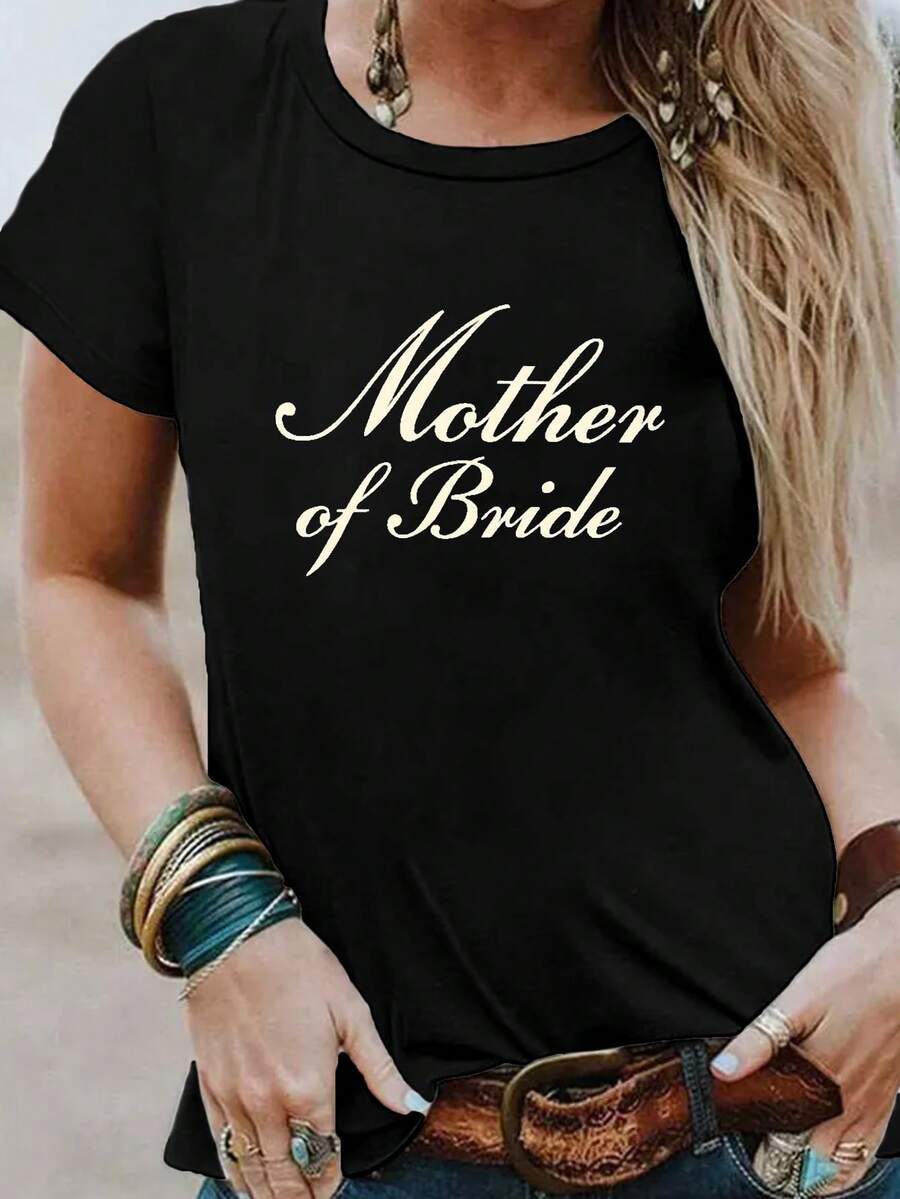 Camiseta de impresión de la madre de la novia de las mujeres - manga corta cuello de la tripulación Top casual con patrón geométrico, mediano estiramiento y lavable en la máquina, comodidad de toda la temporada para bodas y traje casual, traje de boda, camisa de ajuste relajado, tejido mediano estiramiento