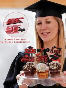 12pcs Black And Red 2026 Graduate Cake Toppers, Creative 'done','class Of 2026', 'Congrats GRAD' Letter Cupcake Picks For Graduation Party Decoration, Dessert Table Decor & Celebration Supplies. - Black and Red - View 5