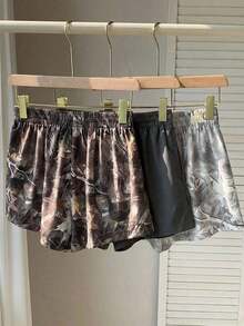 Set de 3 shorts casuales con estampado de lunares, estampado de leopardo claro y estampado de leopardo marrón oscuro, de tela tejida, adecuados para uso diario, set de shorts con estampado de camuflaje, adecuados para el uso diario, citas, fiestas, otoño/invierno/verano, Navidad, Año Nuevo, Acción de Gracias, fiestas, bodas, playa, ceremonias de graduación, moda, elegante, casual, salidas, citas, reservas, viajes, brillante, Día de San Valentín, elegante, vacaciones, casual, Y2K, salidas, ceremonias de graduación y otras ocasiones. - Gris Oscuro - Ver 2