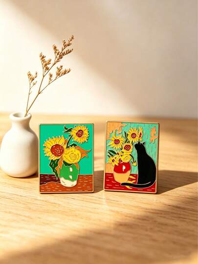1/2 Stück Van Gogh Sonnenblume & Katze Brosche, Nische Kunst Anstecknadel, vielseitige Dekoration für Kleidung, Taschen, Geschenk für Freunde, Paare, vielseitiger Anstecker