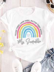 Women's Reading Rainbow Graphic Tee With Book Design Tee, Soft, Heavyweight, Fitted Fit, Print, Graphic, Design, Book, Rainbow Print, For Casual - 白色-3 - 查看 9