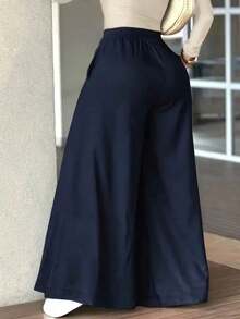 Pantalones anchos y sueltos de unicolor y casual para mujer, elegantes y minimalistas para la primavera - Azul marino - Ver 7