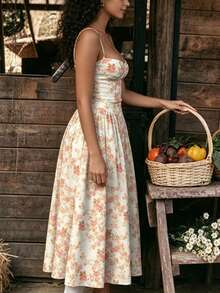 2026 Spring New Women's Clothing: Cross-Border European And American Dress, Elegant French Retro Waist-Cinching Strap Dress - 紅色碎花 - 查看 4